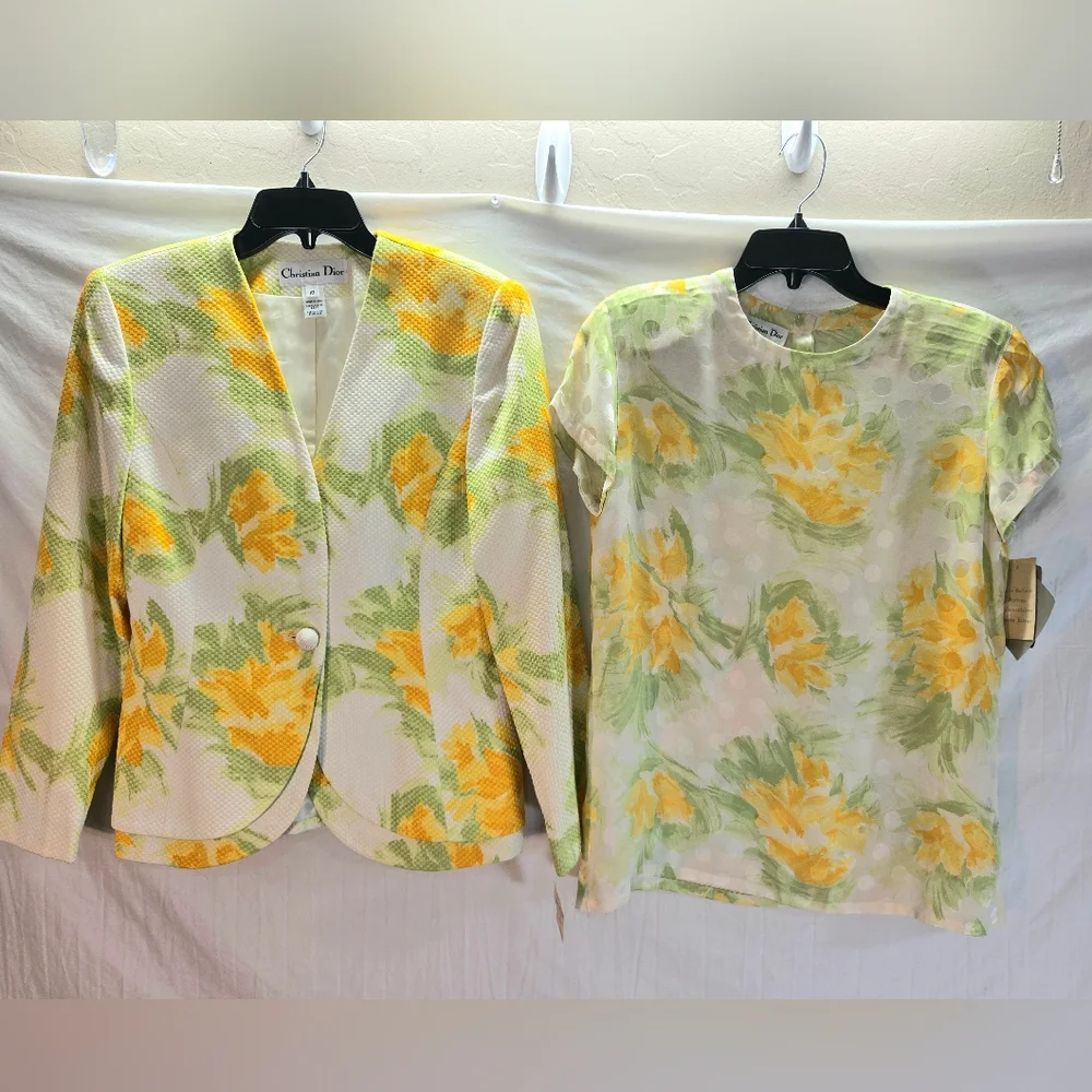 Vintage 2005 Christian Dior Women's 10 Floral Cotton Blazer & Silk Blouse New